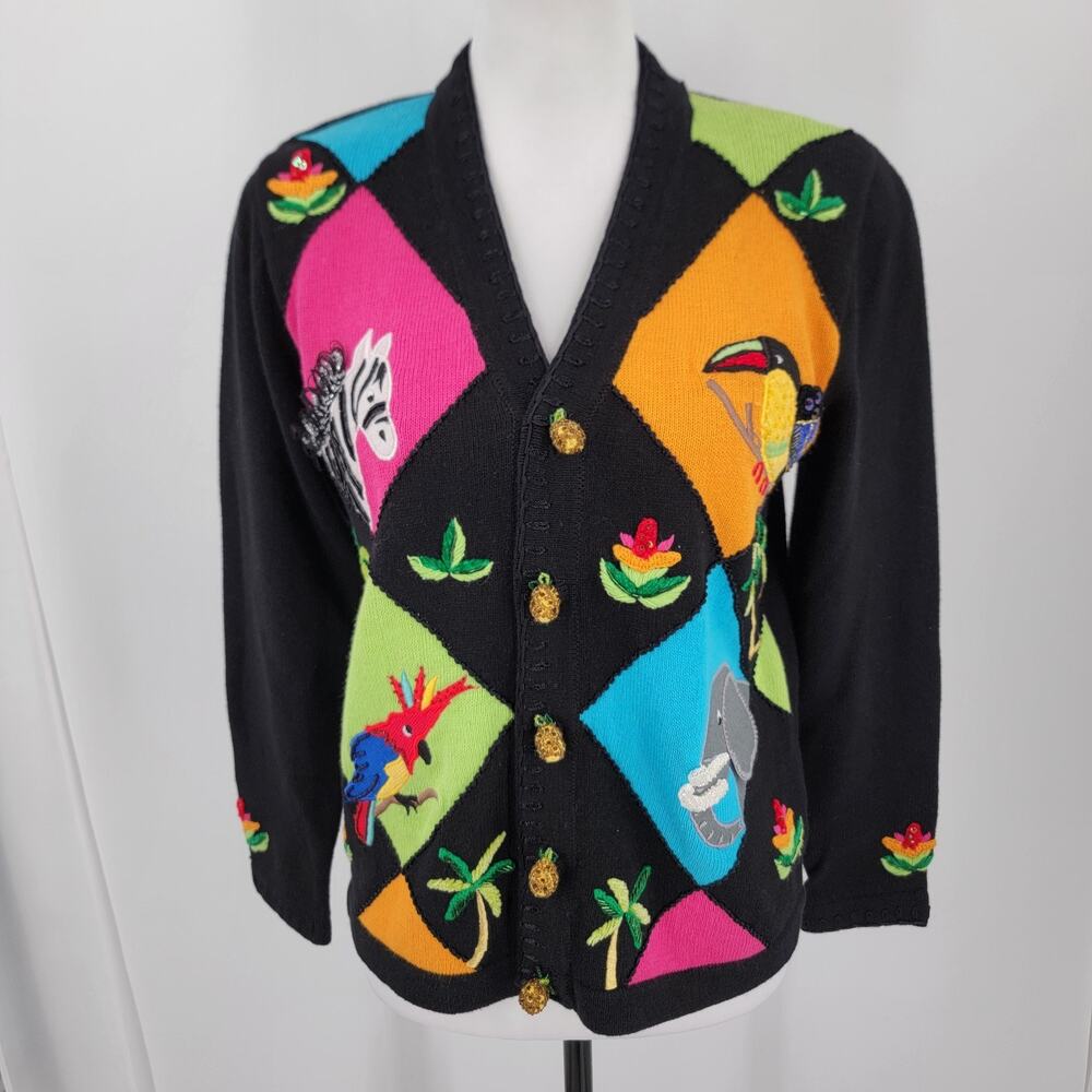 Jack B. Quick Cardigan Womens Small Black Tropical Jungle Embroidered Vintage